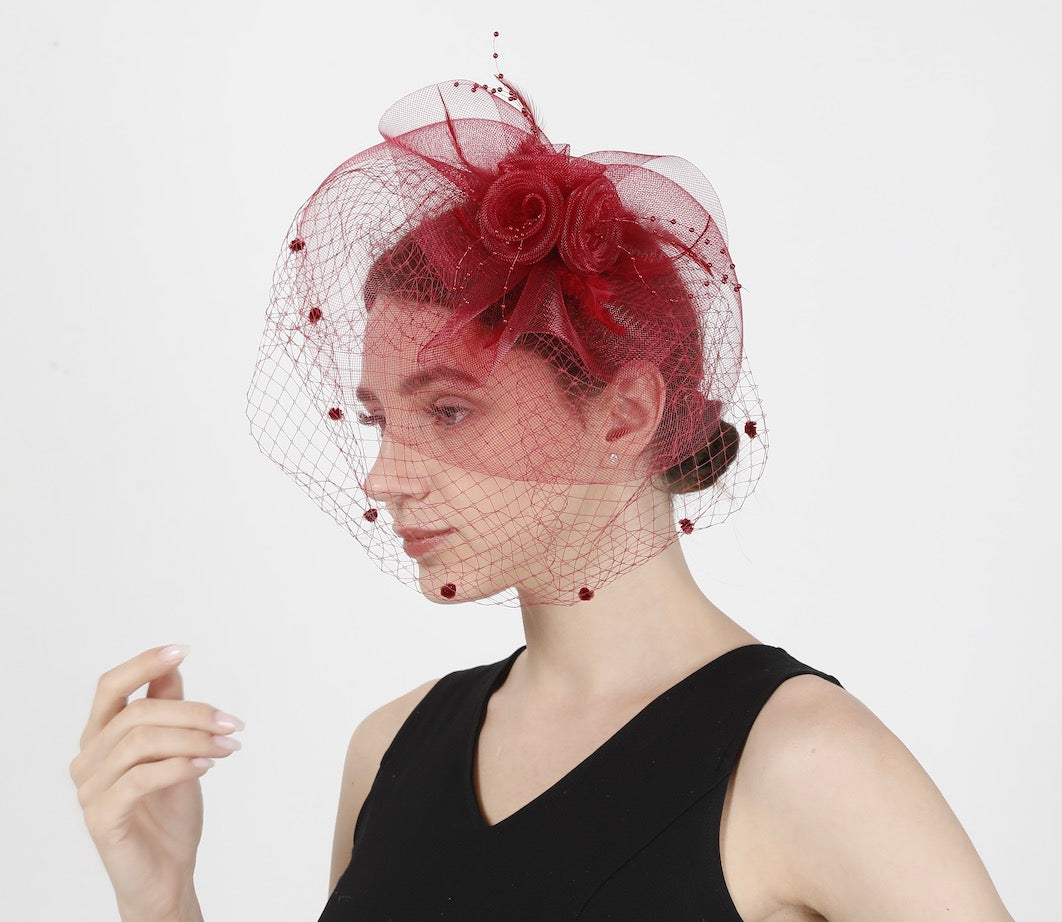 Feather Fascinator Hat: Tea Party Headband with Veil-1902