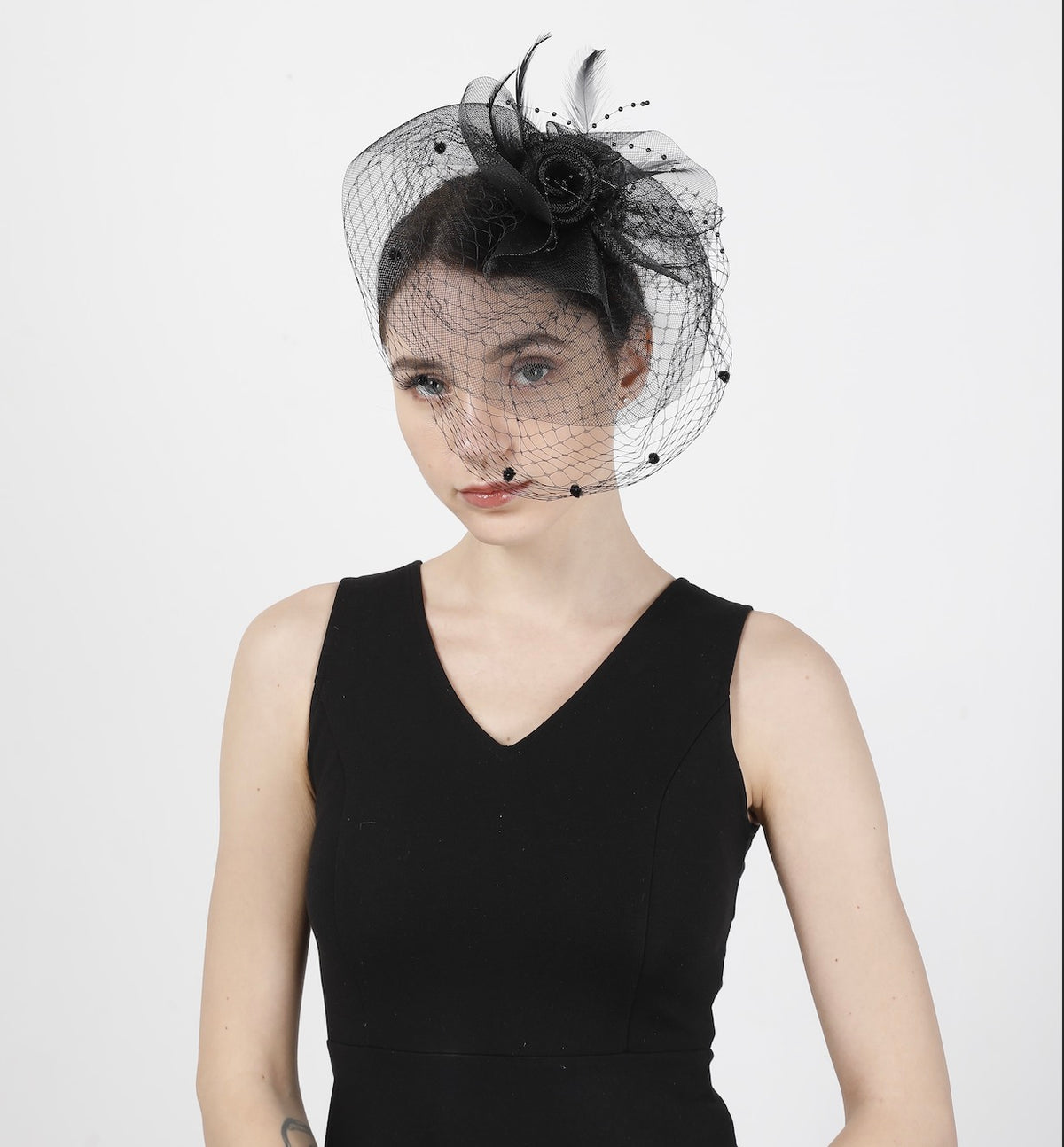 Feather Fascinator Hat: Tea Party Headband with Veil-1902